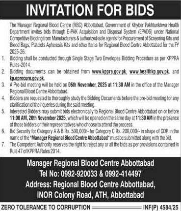 Reegional Blood Center Abbottabad Tender Notice